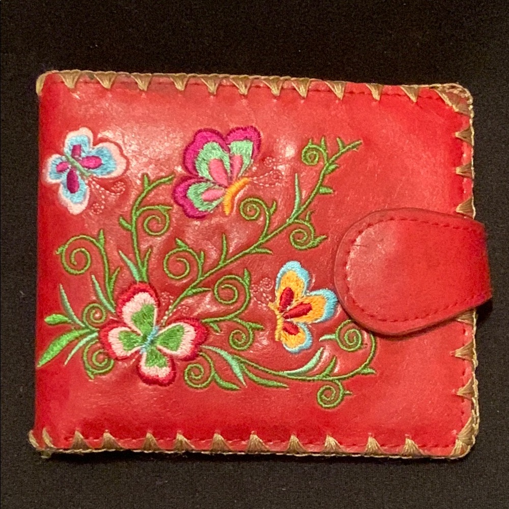 NWT Lavishly Red Mini Fold Butterfly Embroidered Wallet